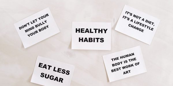 Collection of motivational cards promoting healthy habits and lifestyle on a minimalistic white background.